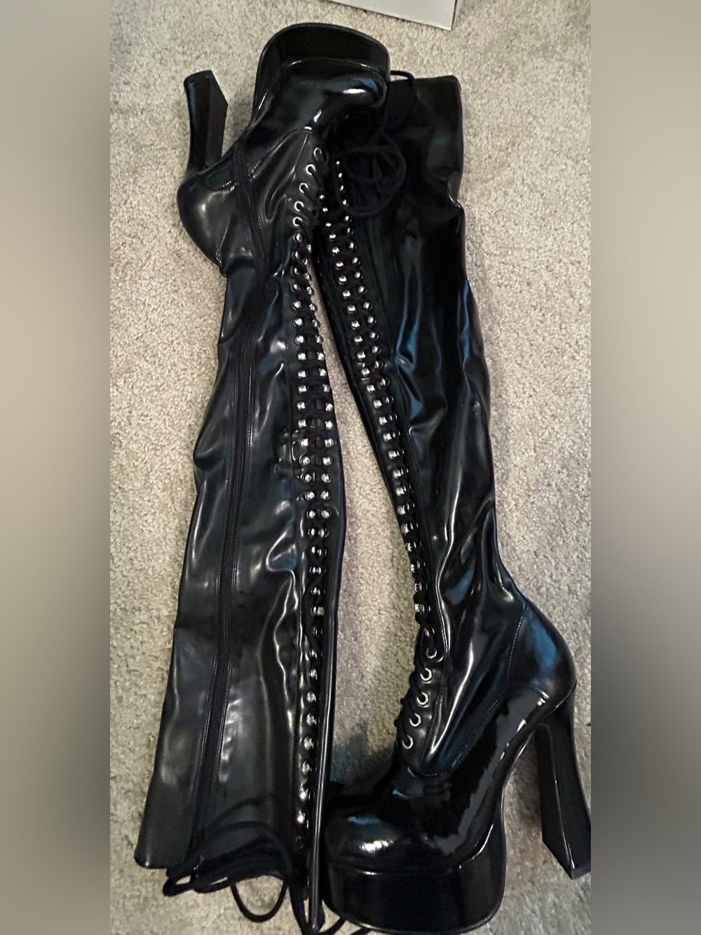NIB Ellie Olivia+ Black Patent Thigh High Platform Lace Up Boots Size 9
